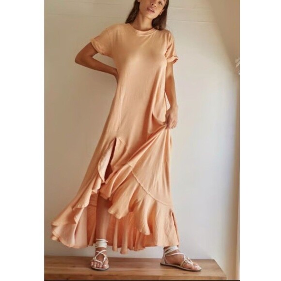 Free People Beach Maxi Dress Havana Tee Ruffle Hem Side Sweep Orange S 241 - Picture 1 of 9